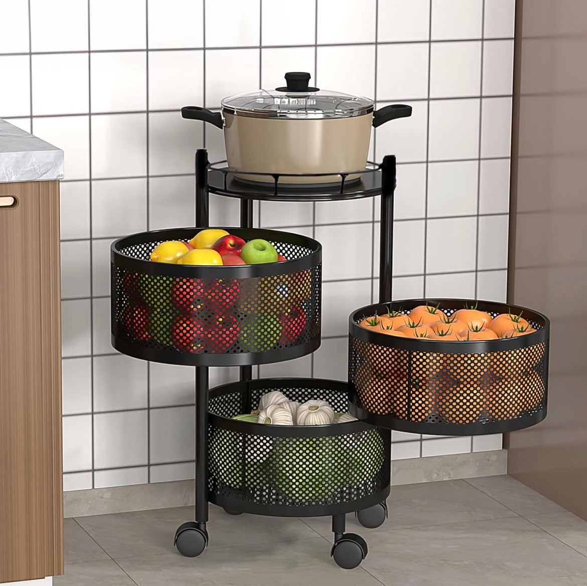Metal Round High Quality Kitchen Trolley with wheels (3 layers/1 pcs